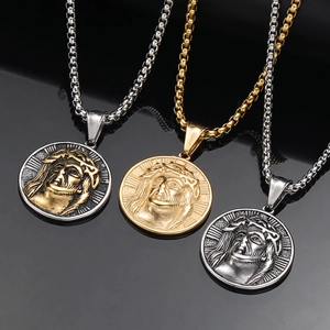 Vintage Stainless Steel Jesus Portrait Round Medal Pendant Necklace Religious Jewelry For Men Women Catholic Christian Gift