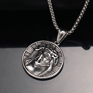 Vintage stainless steel round Jesus portrait pendant necklace with box chain for men