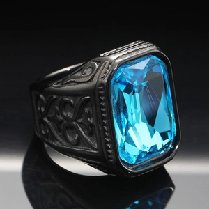 Men's titanium steel ring with rectangle blue gemstone and vintage engraved patterns
