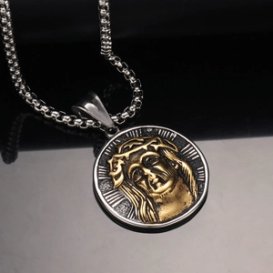 Two-tone stainless steel round pendant necklace with Jesus relief on black background