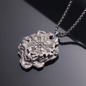 Vintage steel Viking Vegvisir compass pendant with distressed rock texture on box chain