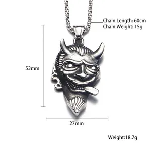 Pendentif masque de diable en acier inoxydable punk avec cornes et chaîne 60cm