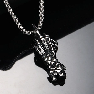 Vintage punk stainless steel skeleton hand pendant with middle finger gesture on box chain