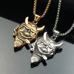 Collier Pendentif Démon Oni Hannya en Acier Inoxydable Vintage Bijoux Streetwear Punk Hip Hop Gothique Hommes Garçons Or Acier