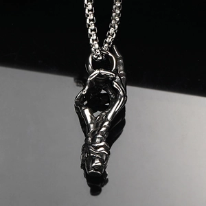 Vintage gothic punk skeletal hand pendant in retro silver stainless steel with box chain