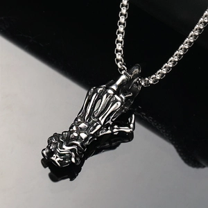 Gothic punk skeletal hand pendant necklace in oxidized steel with skeleton middle finger sign