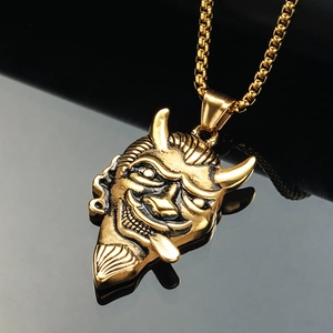 Pendentif cornes de taureau démon punk vintage doré pour homme avec chaîne box en acier inox
