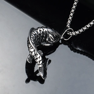 Vintage stainless steel koi fish pendant necklace with textured scales and box chain