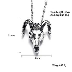 Vintage stainless steel ram skull pendant necklace for men with detailed curved horns
