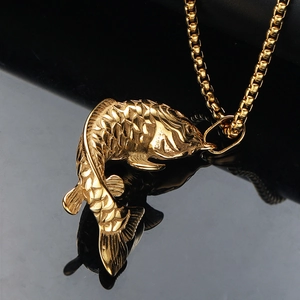 Vintage lucky koi carp fish pendant necklace in gold finish with detailed scales engraving