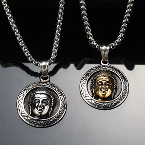 Style Ethnique Tête de Bouddha Rond Pendentif Collier Pour Hommes Rétro Acier Inoxydable Relief Religieux Pendentif Collier Bijoux Cadeau