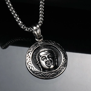 Collier rétro en acier inoxydable avec pendentif Bouddha rond et chaîne à maillons box