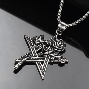 Collier avec Pendentif Pentagramme Rose en Acier Inoxydable Gothique pour Homme Femme Bijoux Style Punk Étoile Rétro Vintage