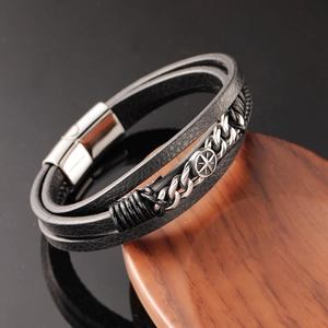 Multilayer men's stainless steel Cuban chain and black braided leather bracelet with compass