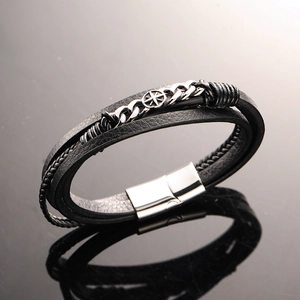 Men's multi-layer braided black leather bracelet with star compass metal plate