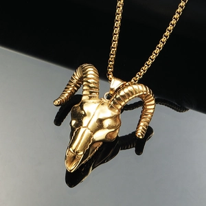 Gothic gold stainless steel ram skull pendant with textured horns and matching box chain