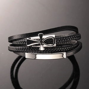 Men's multilayer braided leather bracelet with stainless steel Ankh cross and magnetic clasp