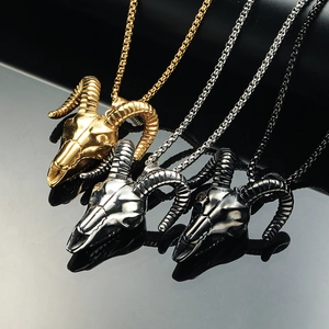Gothic stainless steel ram skull pendant necklace in silver gold and black finishes