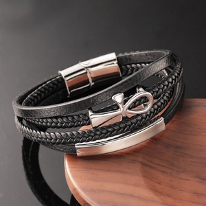 Mens multi-layer leather cross bracelet with silver Ankh charm and magnetic clasp