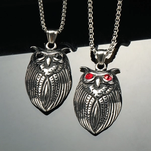 Retro Stainless Steel Owl Pendant Necklace Gothic Hip Hop Animal Charm With Red Black Rhinestone Eyes Jewelry For Men Women