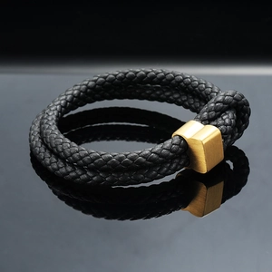 Men's double-layered black woven leather bracelet with golden square metal buckle