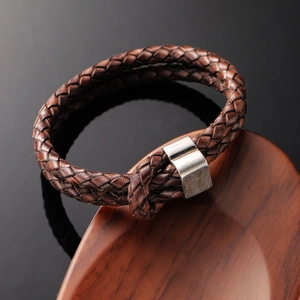 Men's double-layered braided brown leather bracelet with vintage silver titanium steel clasp
