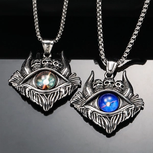 Vintage Gothic Punk Titanium Steel Necklace For Men Evil Eye Skull Compass Pendant Blue Starry Ball Mystery Jewelry