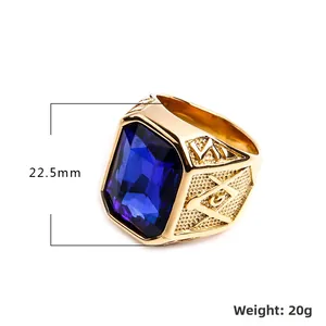 Anillo Masónico para hombre en acero inoxidable dorado con gema de zafiro azul