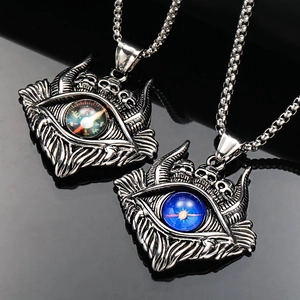 Vintage gothic evil eye pendant necklace with skull and compass in antique silver steel