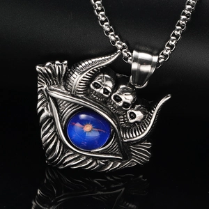 Vintage Turkish evil eye skull pendant necklace in retro silver stainless steel finish