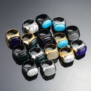 Punk Men Titanium Steel Wide Band Ring Oval Artificial Cat Eye Stone Geometric Signet Ring Exaggerated Turquoise Pattern Ring Jewelry