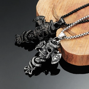 Collar de Colgante de Cruz de Serpiente de Calavera Punk Gótica para Hombre Joyería de Biker de Acero de Titanio