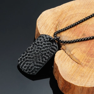Men's black box chain necklace with textured hammer pattern military dog tag pendant