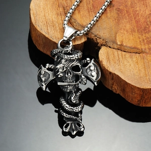 Colgante punk gótico de acero inoxidable con calavera y serpiente en cruz y cadena de metal