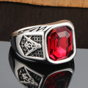 Men's silver steel Freemason ring with rectangular red ruby and engraved emblem