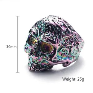 Punk hip hop skull ring in rainbow iridescent steel finish for men, 30mm height