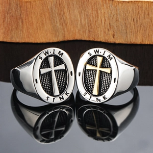 Vintage Gothic Cross Ring Stainless Steel SWIM SINK Engraved Band Men Punk Religious Jewelry Accessories