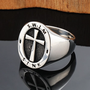 Vintage punk stainless steel cross ring with SWIM and SINK engraving for men