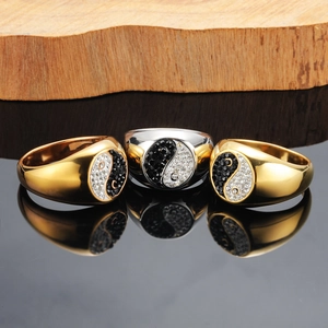 Vintage Titanium Steel Yin Yang Tai Chi Ring For Men Inlaid Black White Zirconia Chinese Style Polished Wide Band Ring