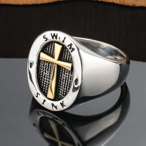 Punk vintage titanium steel ring for men featuring golden cross and engraved lettering