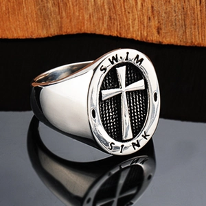 Retro punk titanium steel cross ring for men featuring vintage silver engraved finish