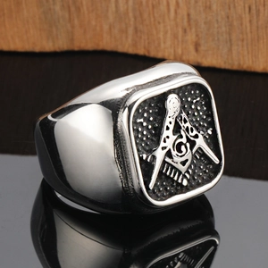 Polished stainless steel men's square signet ring with Masonic G symbol on black inlay