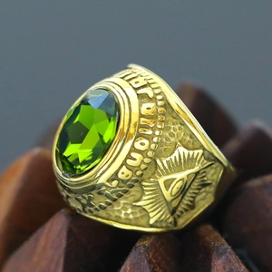 Vintage gold masonic ring with green gemstone and providence eye engraving for men
