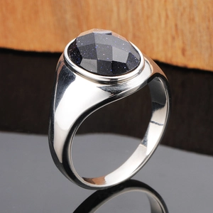 Men Titanium Steel Signet Ring Polished Silver Band Oval Faceted Blue Sandstone Inlaid Business Casual Jewelry
