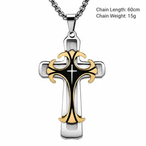 Collier avec pendentif croix à trois couches en acier argenté, noir et or