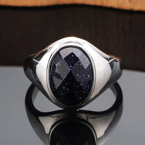 Polished men's signet ring with oval blue sandstone inlay in stainless steel