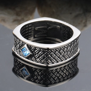 Bague vintage pour hommes en argent S925 avec pierre bleue et texture tressée