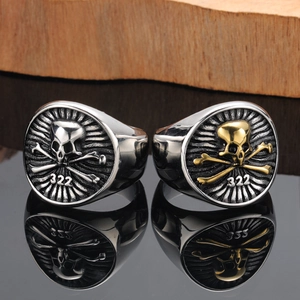 Men's punk skull and crossbones stainless steel signet ring with vintage 322 engraving