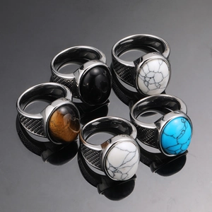 Vintage Punk Men Stainless Steel Ring Oval Turquoise Tiger Eye Stone Inlaid Retro Personalized Goth Biker Jewelry Hand Accessory