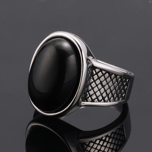 Retro punk style stainless steel ring for men with oval black stone and mesh pattern side